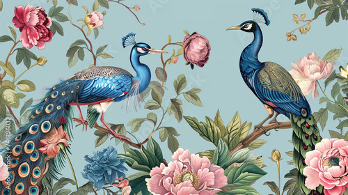 blue chinoiserie pattern with peacock birds. Vintage wallpaper ideal for interior design