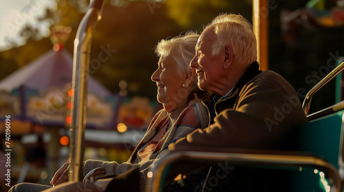 senior couple at an amusement park smiling and enjoying life. elderly couple having fun at a themepark on a ride
