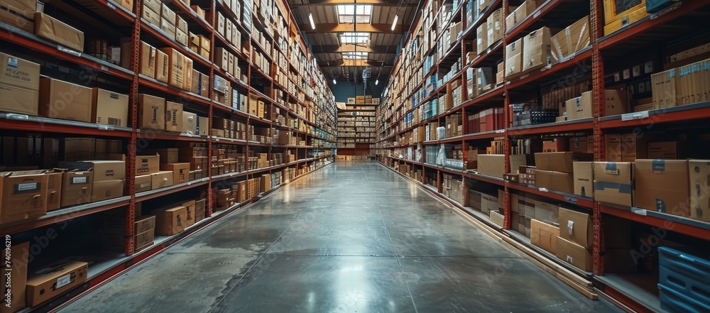 Inside the vast warehouse, rows of towering shelves filled with neatly stacked boxes create a maze-like scene, resembling a library of inventory waiting to be explored
