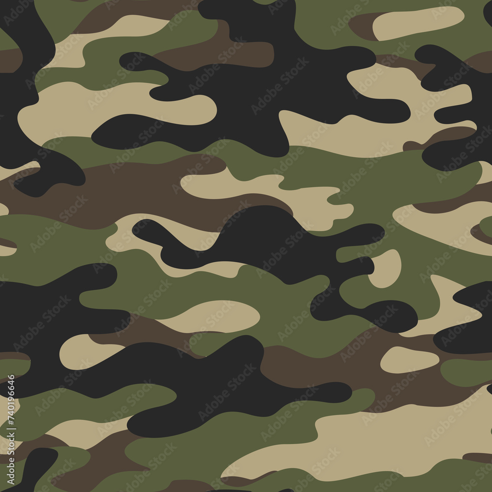 Naklejka premium Army camouflage background, classic seamless pattern, vector fabric texture.