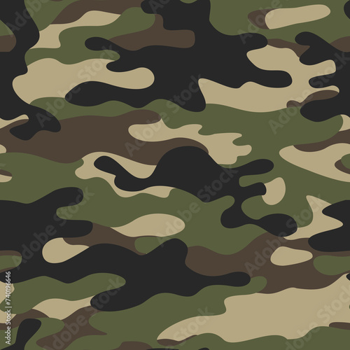 Army camouflage background, classic seamless pattern, vector fabric texture.