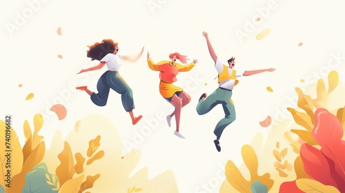 The image showcases a lively scene of three individuals joyfully leaping into the air amidst a sea of large, stylized foliage that bursts with a warm palette of yellows, oranges, and reds suggesting a