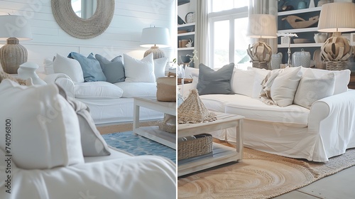 A coastal chic living room with white slipcovered sofas, sisal rugs, and beach themed decor