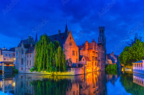 Bruges cityscape, Brugge old town scenic view, Bruges historical city centre, Rosary Quay Rozenhoedkaai embankment, Belfort Belfry tower, Dijver water canal, evening view, West Flanders, Belgium