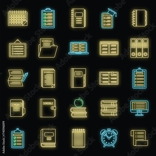 Syllabus week icons set. Outline set of syllabus week vector icons neon color on black