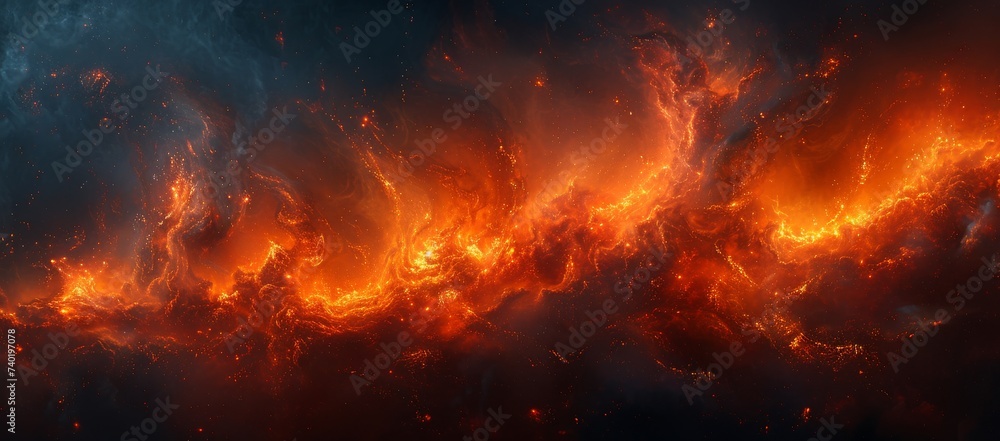 A fiery blaze ignites the heavens, engulfing the universe in a golden glow of nature's power and heat