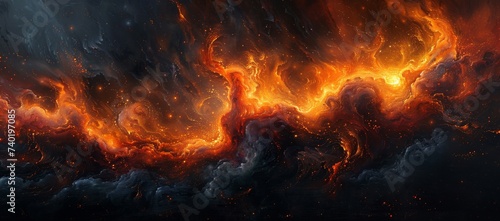 A mesmerizing inferno dances among the stars, engulfing the vastness of space with its fiery embrace