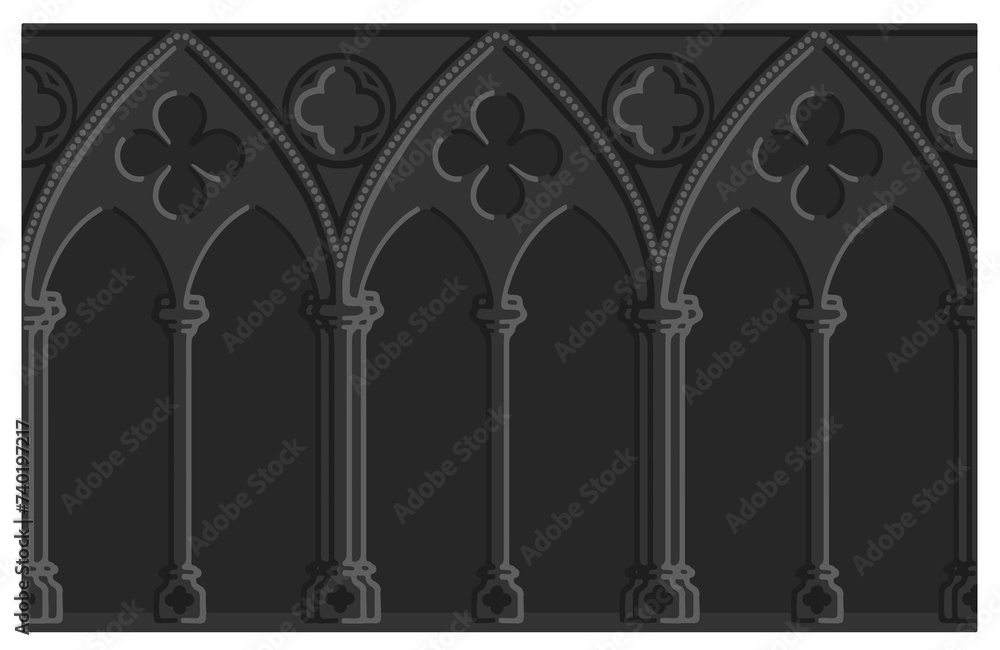 Naklejka premium Gothic decorated arcade drawing. Stone ornamented triforium illustration.