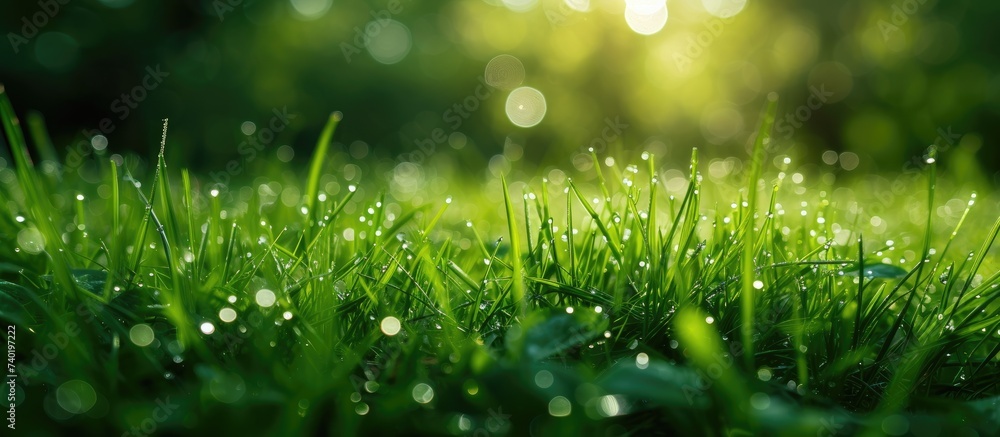 This close-up photo showcases vibrant green grass covered in delicate water droplets, creating a refreshing and natural image.