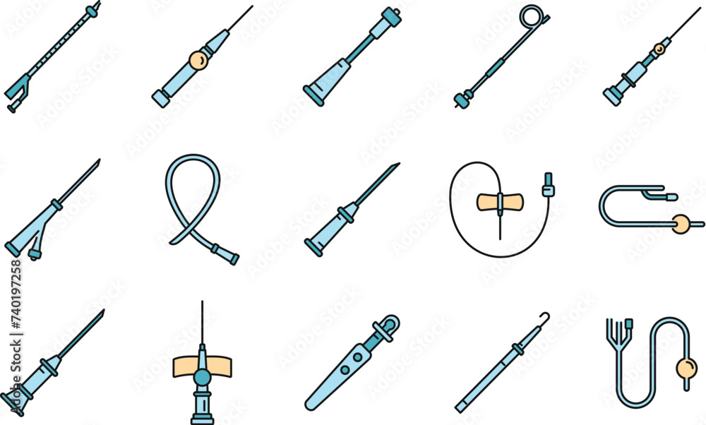 Medical catheter icons set. Outline set of medical catheter vector icons thin line color flat on white Medical catheter icons set. Outline set of medical catheter vector icons thin line color flat on white
