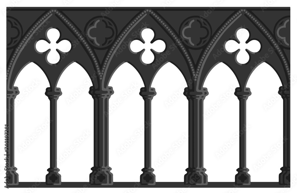 Fototapeta premium Gothic decorated arcade drawing. Stone ornamented triforium illustration.