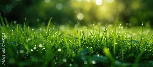 Panel kuchenny z motywem This close-up photo showcases vibrant green grass covered in delicate water droplets, creating a refreshing and natural image.
