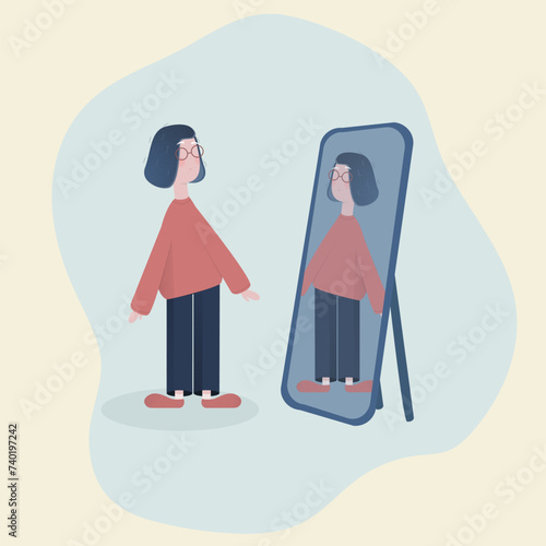 Vector character girl with glasses in front of a mirror
