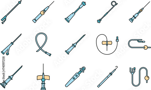 Medical catheter icons set. Outline set of medical catheter vector icons thin line color flat on white