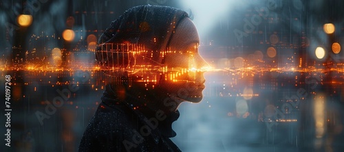 A mysterious figure emerges from the fog, their hood pulled low over their face, backlit by the glow of streetlights and surrounded by reflections of the city at night