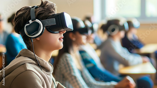 Students in Classroom Using Virtual Reality Headsets for Learning