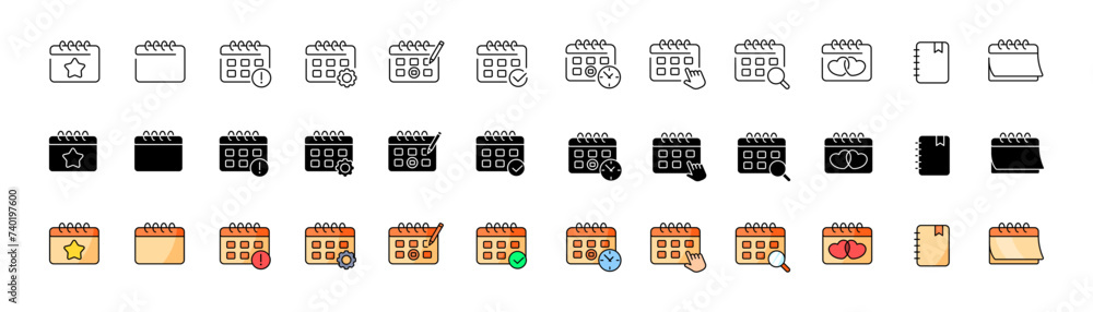 Calendar icon set. Linear, silhouette and flat style. Vector icons