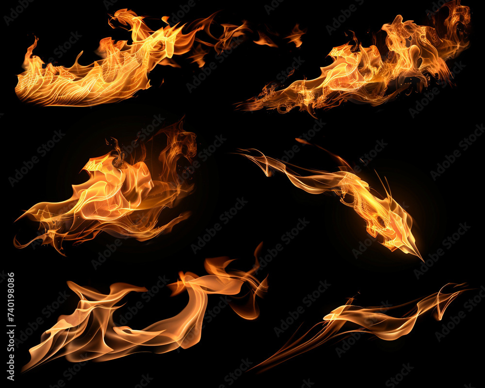 Fire flames collection isolated on black background - obrazy, fototapety, plakaty 