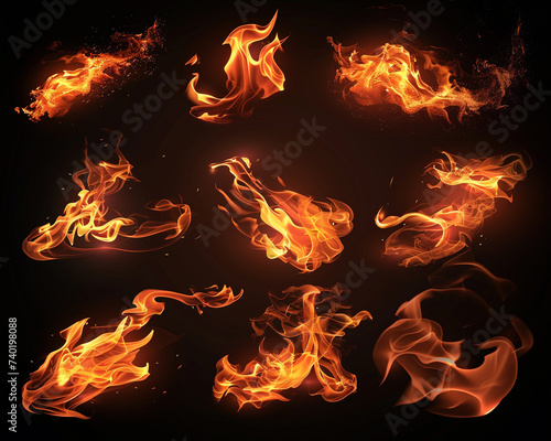 Fire flames collection isolated on black background