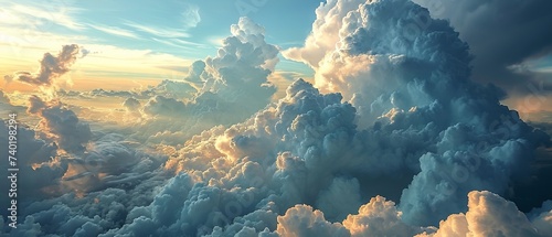 Majestic Cumulus Clouds at High Altitude. A breathtaking aerial view of towering cumulus clouds bathed in the golden light of the setting sun photo