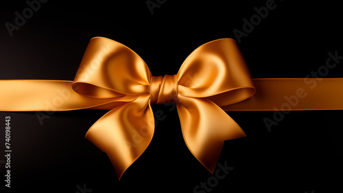 Golden ribbon with red bow isolated on black background.Anniversary, new year, event, Christmas, Festival. Generative AI
