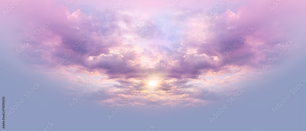 Surreal Pink Clouds and Sunlight Sky. Dramatic view of the sky with sunlight streaming through surreal pink and purple clouds