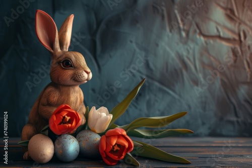 Fototapeta Happy Easter Eggs festooned. Bunny hopping in flower spring cheer decoration. Adorable hare 3d metal basket rabbit illustration. Holy week Groundcover bloom card modern