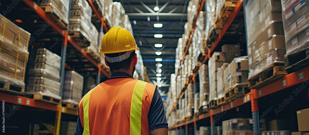 A photo of a man wearing a safety vest and hard hat, giving instructions in a warehouse.