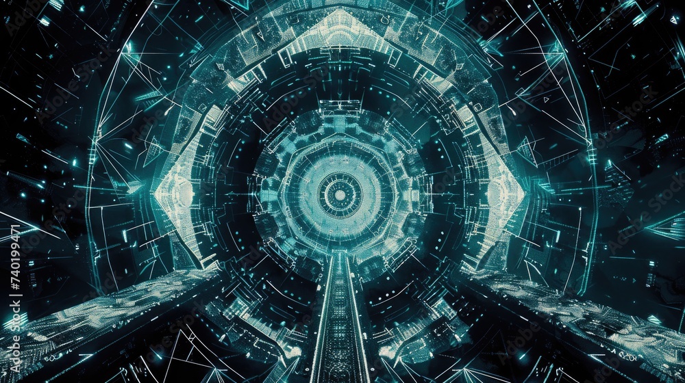 Fototapeta premium Dark gray background fog and light on floor. Mystical mist. dark room. The hypnotic geometric portal, combining straight and crooked lines, creates a feeling of incredible, game