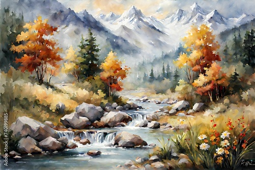 Watercolor landscape with a woods, mountains