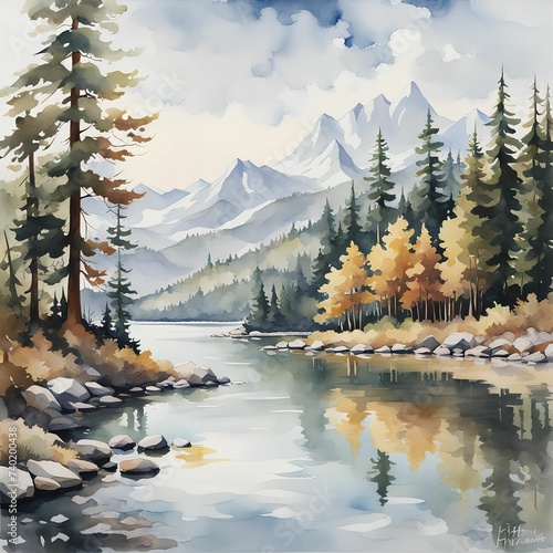  Watercolor landscape with a woods, mountains