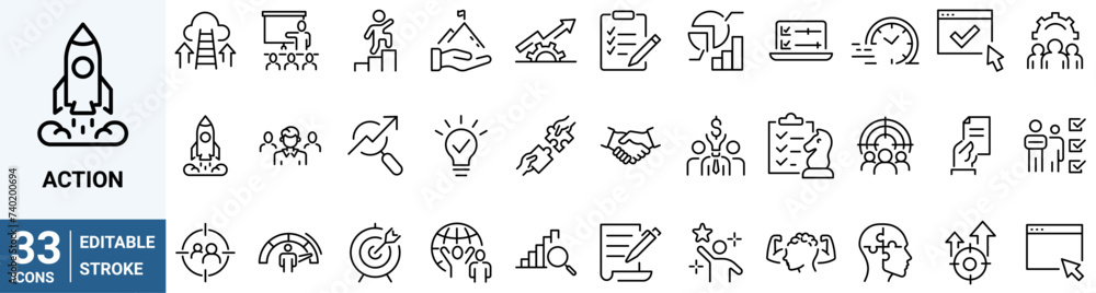 Strategy and action line icons. Containing planning, schedule, analysis, tasks, goal. Strategy and action line icons. Containing planning, schedule, analysis, tasks, goal.