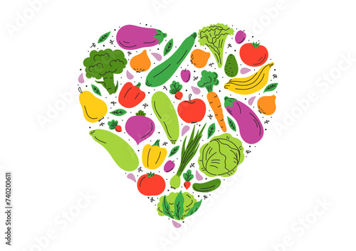 Vegetables heart. Vegan food love doodles. Vegetables grocery store. Vegan concept 