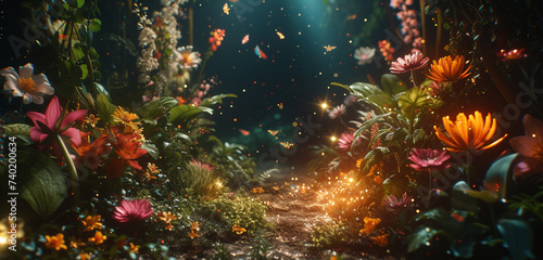 An enchanted forest with glowing flora and magical creatures, all illuminated in vivid amoled colors against a black background, bringing this fantasy scene to life in 3D, 8K quality © Counter