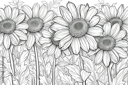 Coloring book flowers doodle style black outline.