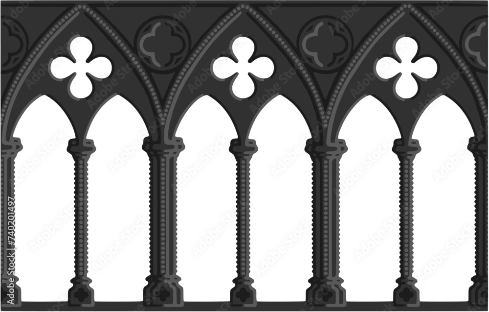 Fototapeta premium Gothic decorated arcade drawing. Stone ornamented triforium illustration; vector