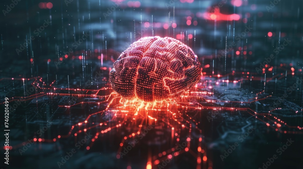 An abstract digital illustration of a human brain composed of a network ...