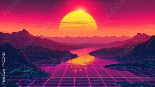 1980s inspired vector landscape showcasing a radiant techno sun and grid horizon photo