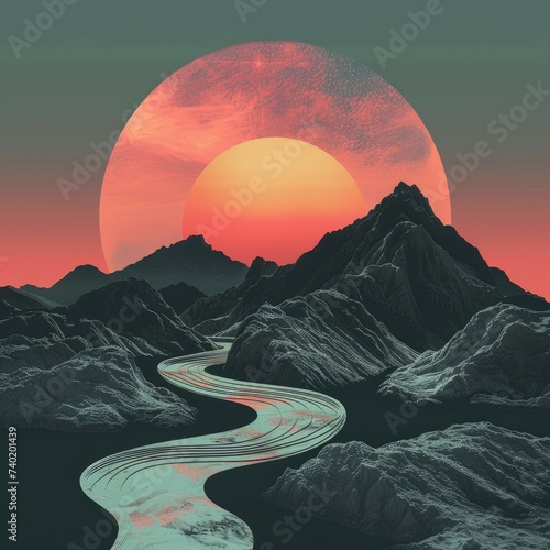 Abstract digital mountainscape at sunset blending retro and futuristic styles photo