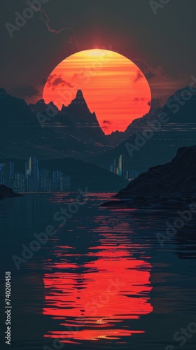 Cyberpunk sunset in a digital landscape with mountains and futuristic city silhouette