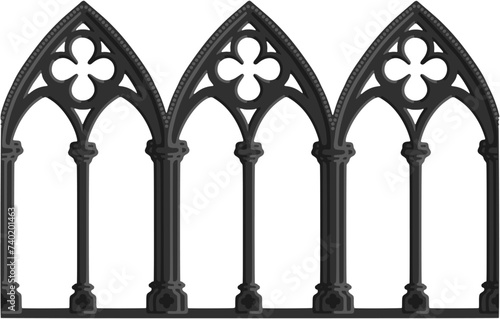 Gothic decorated arcade drawing. Stone ornamented triforium illustration; vector
