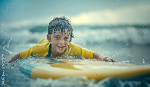 Portrait of cute young boy paddling on long surfboard on calm waves. Happy childhood and active vacation time, active people, and extreme sport concept on the ocean coast surfing spot.