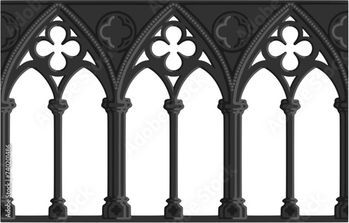 Gothic decorated arcade drawing. Stone ornamented triforium illustration; vector
