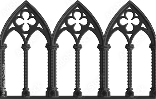 Gothic decorated arcade drawing. Stone ornamented triforium illustration; vector photo