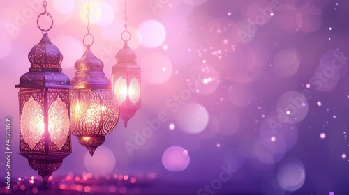 Traditional Ramadan lanterns glowing warmly, suspended in a mystical atmosphere with a bokeh of sparkling lights, evoking the spirit of the holy month.