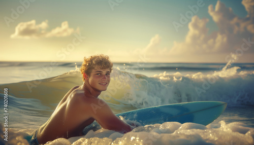 Portrait of smiling young man paddling on long surfboard on waves. Happy childhood and active vacation time, active people, and extreme sport concept on the ocean coast surfing spot.