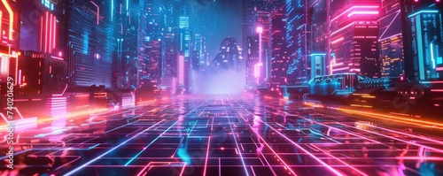 Vector illustration of a futuristic game world featuring cyber grids and neon landscapes
