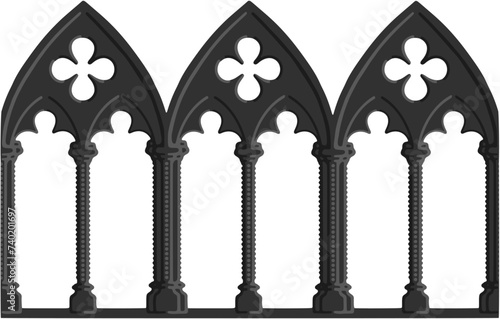 Gothic decorated arcade drawing. Stone ornamented triforium illustration; vector