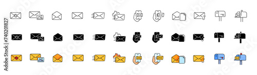 Mail icon collection. Envelope icon set. Linear, silhouette and flat.