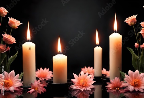 Burning candles and flowers on black background with space for text. Funeral concept. jpg 